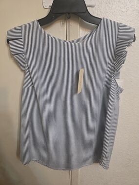 Monteau Blue & White Striped Ruffle Sleeve Top